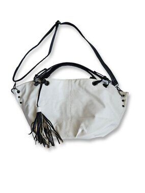 Ivory & Black Slouchy Hobo Tote with Tassel and Crossbody Strap